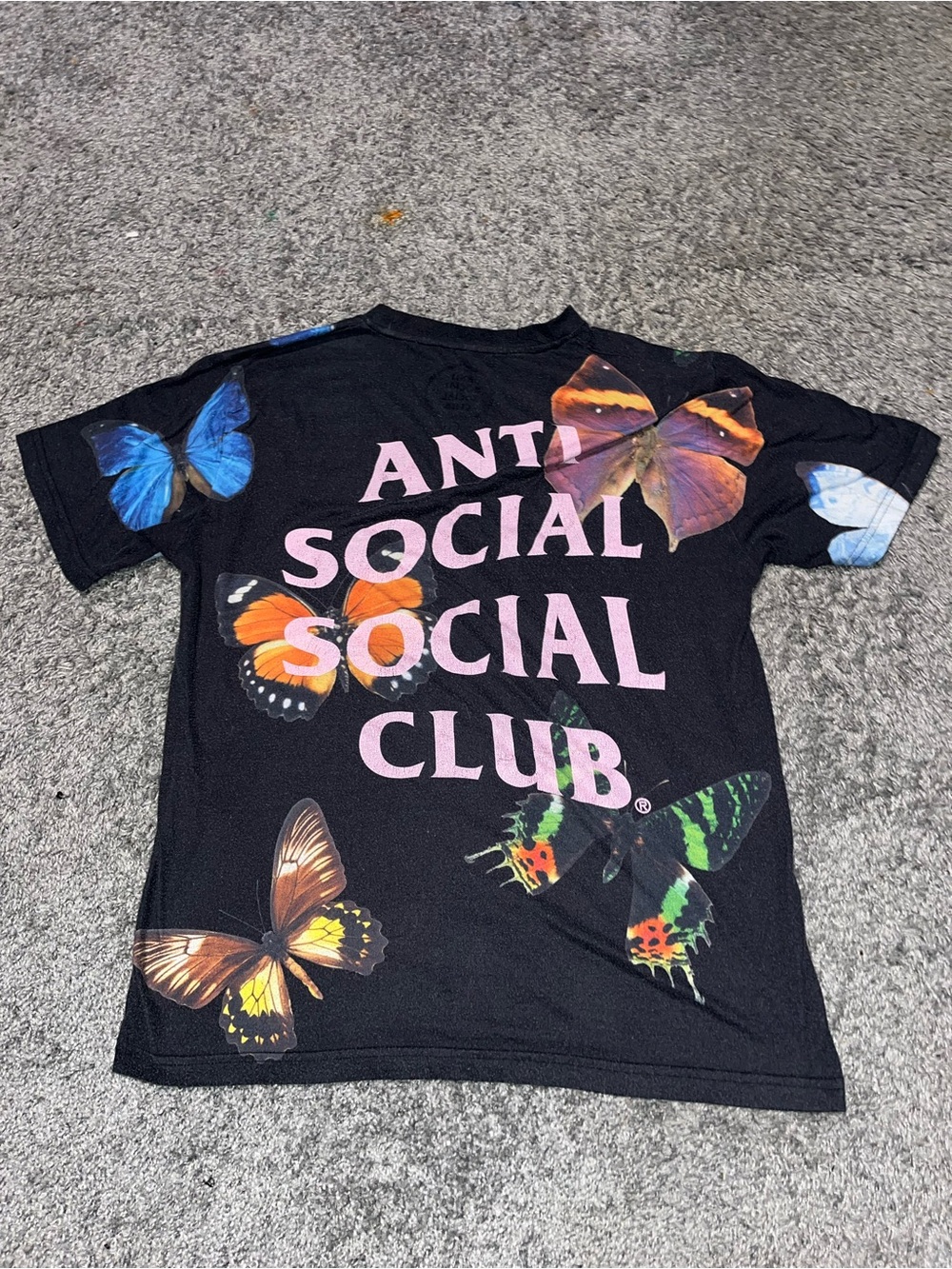 Anti Social Social Club Black Tee with Pink Logo and Multicolor Butterflies